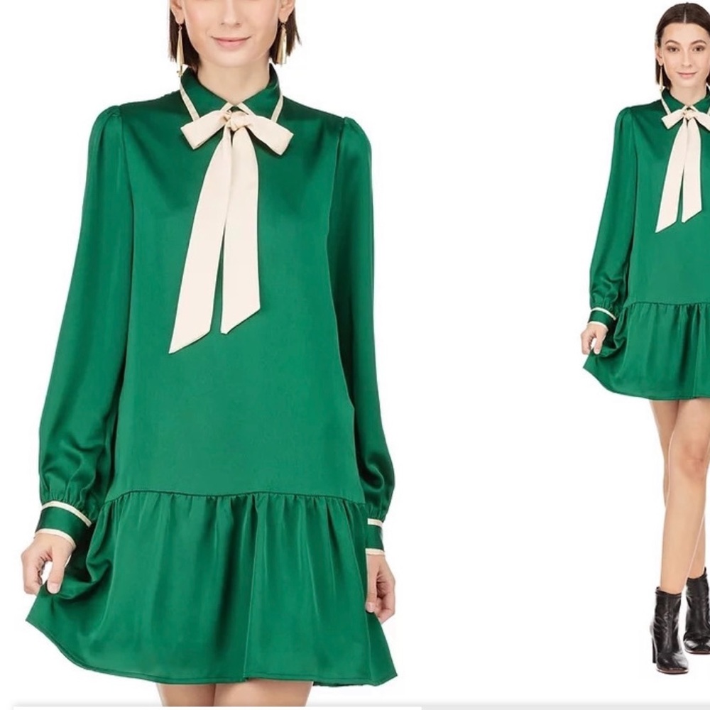 Cream Collar Trimmed Green Dress